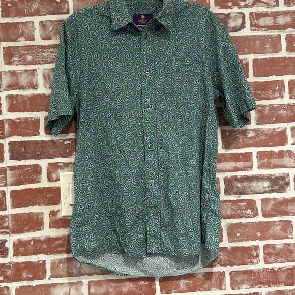 Liberty of London Green Paisley Geo Print Short Sleeve Button Down Tee Size 16 - Picture 1 of 6